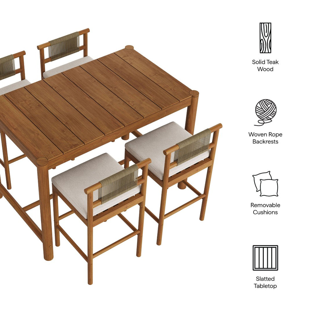 Modway Furniture Eleni Solid Teak Outdoor Bar Set with Rope Accent Chairs for Coastal Patio Dining Natural Sail EEI-7631-NAT-SAI