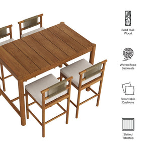 Modway Furniture Eleni Solid Teak Outdoor Bar Set with Rope Accent Chairs for Coastal Patio Dining Natural Sail EEI-7631-NAT-SAI