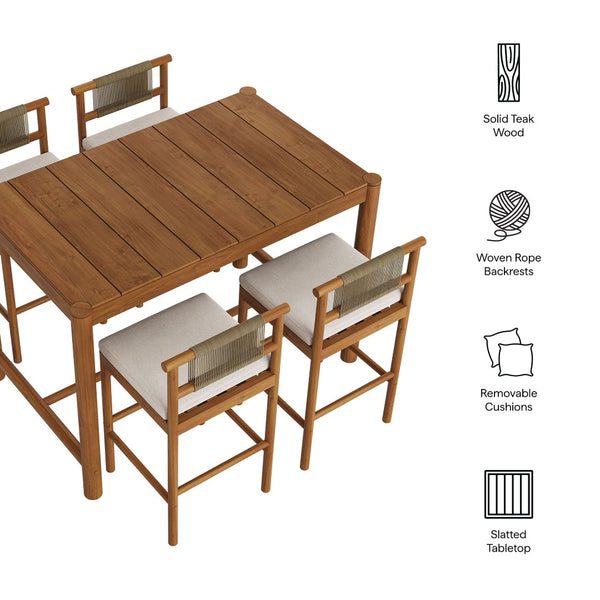 Modway Furniture Eleni Solid Teak Outdoor Bar Set with Rope Accent Chairs for Coastal Patio Dining Natural Sail EEI-7631-NAT-SAI