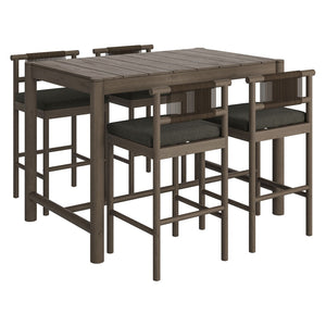 Modway Furniture Eleni Solid Teak Outdoor Bar Set with Rope Accent Chairs for Coastal Patio Dining Weathered Gray Flint EEI-7631-WGR-FLI
