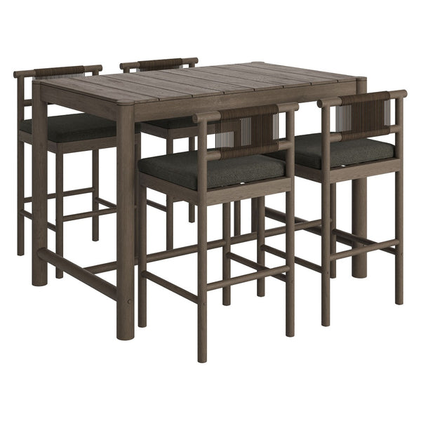 Modway Furniture Eleni Solid Teak Outdoor Bar Set with Rope Accent Chairs for Coastal Patio Dining Weathered Gray Flint EEI-7631-WGR-FLI