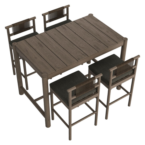 Modway Furniture Eleni Solid Teak Outdoor Bar Set with Rope Accent Chairs for Coastal Patio Dining Weathered Gray Flint EEI-7631-WGR-FLI