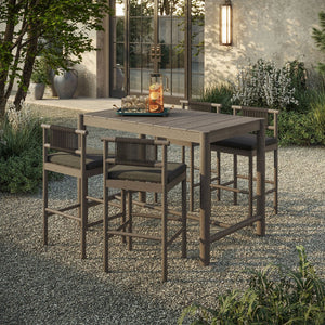 Modway Furniture Eleni Solid Teak Outdoor Bar Set with Rope Accent Chairs for Coastal Patio Dining Weathered Gray Flint EEI-7631-WGR-FLI
