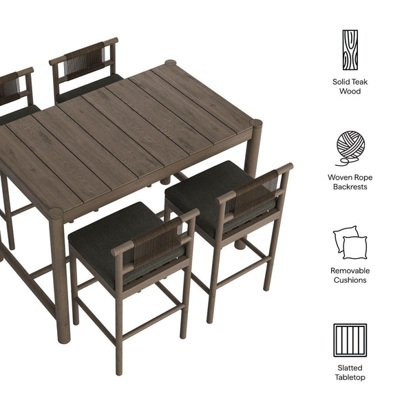Modway Furniture Eleni Solid Teak Outdoor Bar Set with Rope Accent Chairs for Coastal Patio Dining Weathered Gray Flint EEI-7631-WGR-FLI