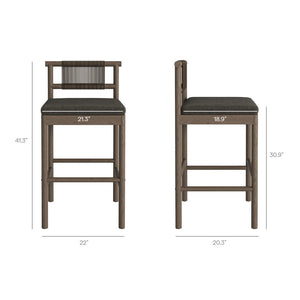Modway Furniture Eleni Solid Teak Outdoor Bar Set with Rope Accent Chairs for Coastal Patio Dining Weathered Gray Flint EEI-7631-WGR-FLI