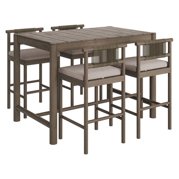 Modway Furniture Eleni Solid Teak Outdoor Bar Set with Rope Accent Chairs for Coastal Patio Dining Weathered Gray Pebble EEI-7631-WGR-PEB