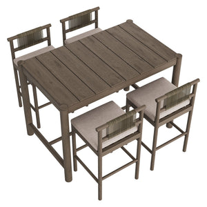Modway Furniture Eleni Solid Teak Outdoor Bar Set with Rope Accent Chairs for Coastal Patio Dining Weathered Gray Pebble EEI-7631-WGR-PEB