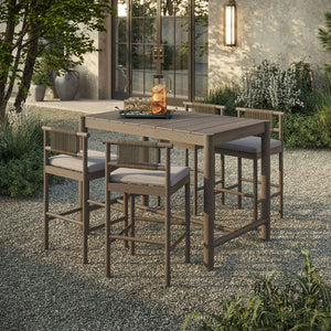 Modway Furniture Eleni Solid Teak Outdoor Bar Set with Rope Accent Chairs for Coastal Patio Dining Weathered Gray Pebble EEI-7631-WGR-PEB