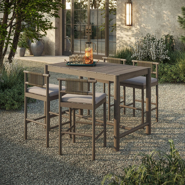 Modway Furniture Eleni Solid Teak Outdoor Bar Set with Rope Accent Chairs for Coastal Patio Dining Weathered Gray Pebble EEI-7631-WGR-PEB