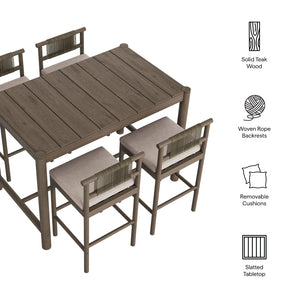 Modway Furniture Eleni Solid Teak Outdoor Bar Set with Rope Accent Chairs for Coastal Patio Dining Weathered Gray Pebble EEI-7631-WGR-PEB