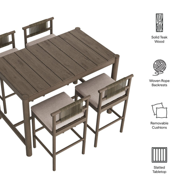 Modway Furniture Eleni Solid Teak Outdoor Bar Set with Rope Accent Chairs for Coastal Patio Dining Weathered Gray Pebble EEI-7631-WGR-PEB