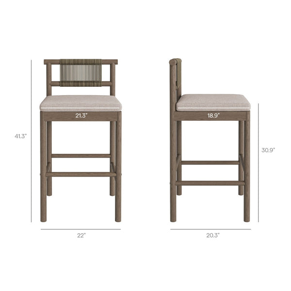 Modway Furniture Eleni Solid Teak Outdoor Bar Set with Rope Accent Chairs for Coastal Patio Dining Weathered Gray Pebble EEI-7631-WGR-PEB