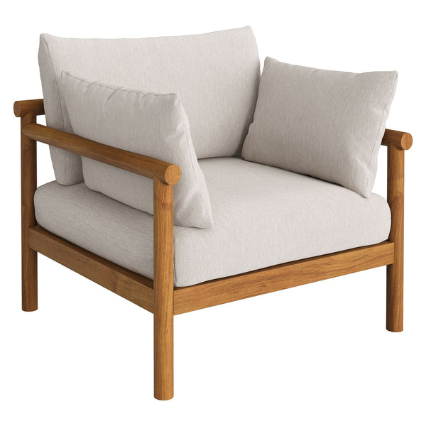 Modway Furniture Eleni Solid Teak Outdoor Armchair with Cushions for Coastal Patio Relaxation White EEI-7653-NAT-SAI