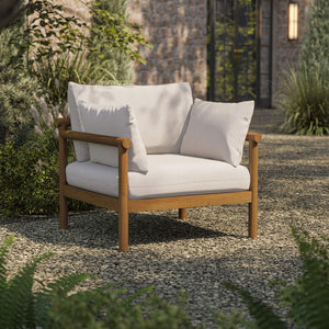 Modway Furniture Eleni Solid Teak Outdoor Armchair with Cushions for Coastal Patio Relaxation White EEI-7653-NAT-SAI