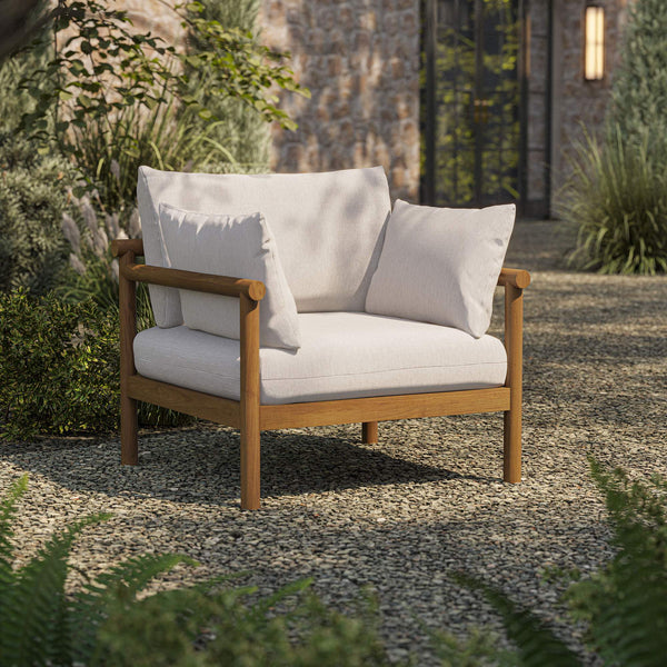 Modway Furniture Eleni Solid Teak Outdoor Armchair with Cushions for Coastal Patio Relaxation White EEI-7653-NAT-SAI