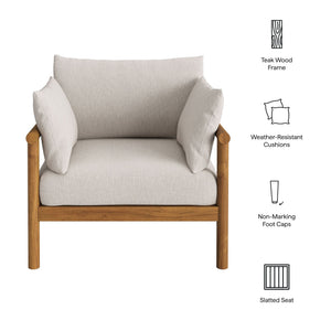 Modway Furniture Eleni Solid Teak Outdoor Armchair with Cushions for Coastal Patio Relaxation White EEI-7653-NAT-SAI
