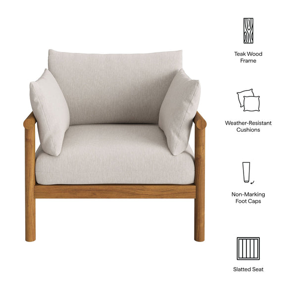 Modway Furniture Eleni Solid Teak Outdoor Armchair with Cushions for Coastal Patio Relaxation White EEI-7653-NAT-SAI