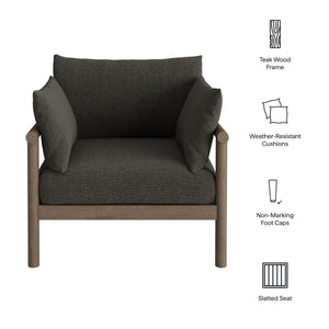 Modway Furniture Eleni Solid Teak Outdoor Armchair with Cushions for Coastal Patio Relaxation Gray EEI-7653-WGR-FLI