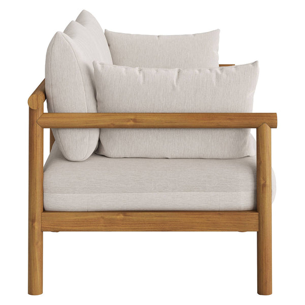 Modway Furniture Eleni Modway Solid Teak Outdoor Loveseat with Cushions for Coastal Patio Living White EEI-7654-NAT-SAI