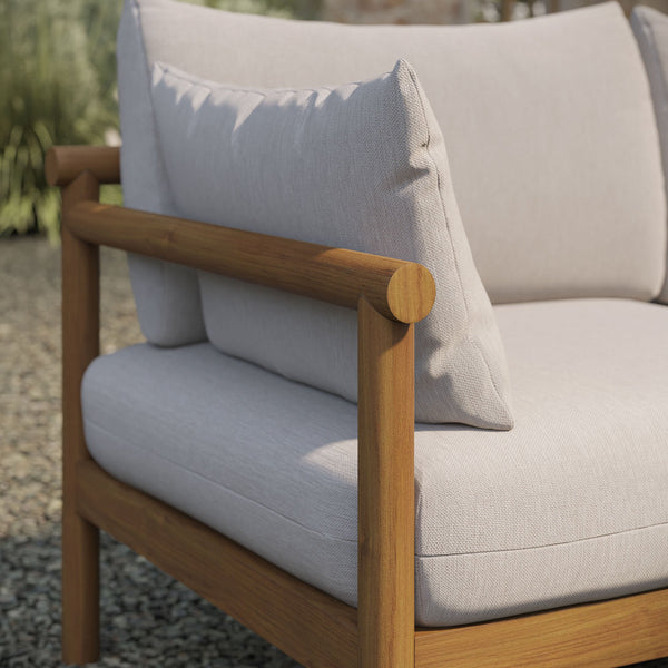 Modway Furniture Eleni Modway Solid Teak Outdoor Loveseat with Cushions for Coastal Patio Living White EEI-7654-NAT-SAI