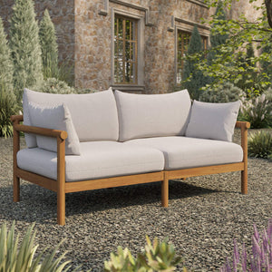 Modway Furniture Eleni Modway Solid Teak Outdoor Loveseat with Cushions for Coastal Patio Living White EEI-7654-NAT-SAI