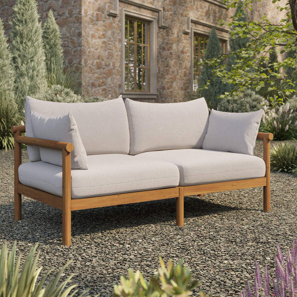 Modway Furniture Eleni Modway Solid Teak Outdoor Loveseat with Cushions for Coastal Patio Living White EEI-7654-NAT-SAI