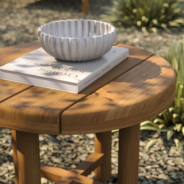 Modway Furniture Eleni Solid Teak Outdoor Round Side Table with Slatted Top for Patio Lounge Brown EEI-7657-NAT