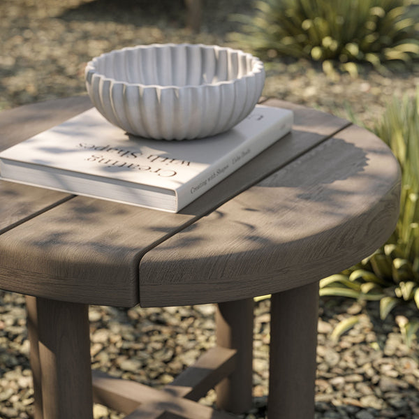 Modway Furniture Eleni Solid Teak Outdoor Round Side Table with Slatted Top for Patio Lounge Gray EEI-7657-WGR