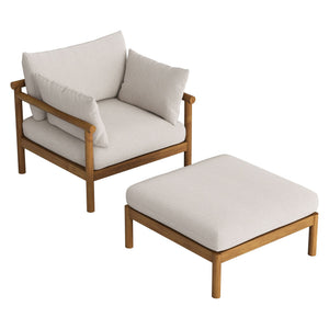Modway Furniture Eleni Solid Teak Outdoor Armchair and Ottoman Set with Slatted Coastal Design White EEI-7658-NAT-SAI