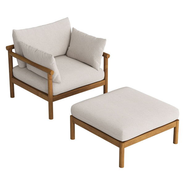 Modway Furniture Eleni Solid Teak Outdoor Armchair and Ottoman Set with Slatted Coastal Design White EEI-7658-NAT-SAI