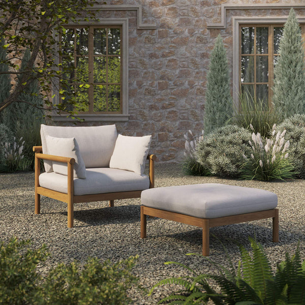 Modway Furniture Eleni Solid Teak Outdoor Armchair and Ottoman Set with Slatted Coastal Design White EEI-7658-NAT-SAI