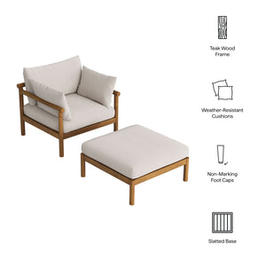 Modway Furniture Eleni Solid Teak Outdoor Armchair and Ottoman Set with Slatted Coastal Design White EEI-7658-NAT-SAI