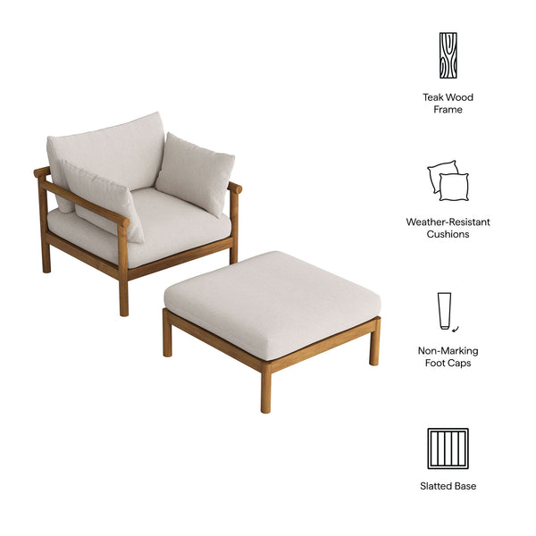 Modway Furniture Eleni Solid Teak Outdoor Armchair and Ottoman Set with Slatted Coastal Design White EEI-7658-NAT-SAI