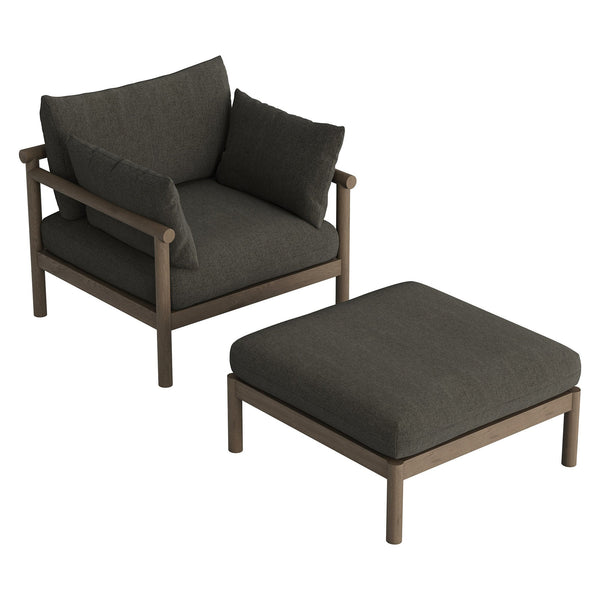 Modway Furniture Eleni Solid Teak Outdoor Armchair and Ottoman Set with Slatted Coastal Design Gray EEI-7658-WGR-FLI