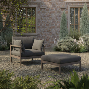 Modway Furniture Eleni Solid Teak Outdoor Armchair and Ottoman Set with Slatted Coastal Design Gray EEI-7658-WGR-FLI