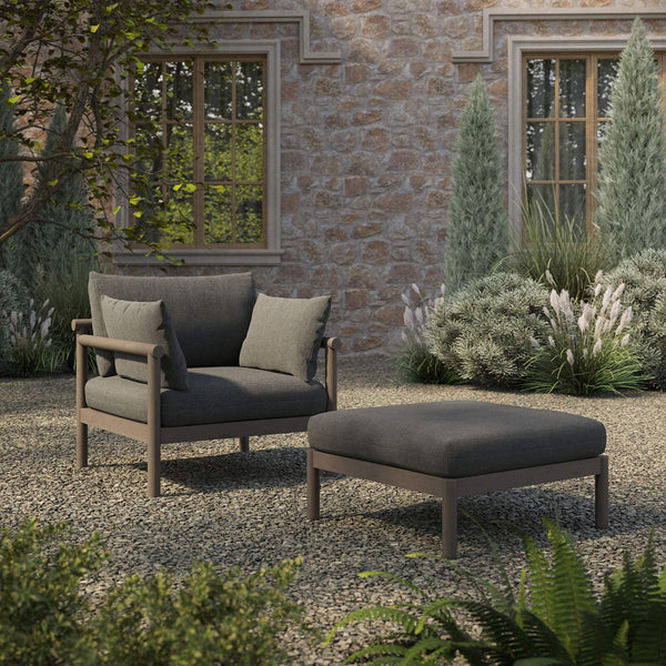 Modway Furniture Eleni Solid Teak Outdoor Armchair and Ottoman Set with Slatted Coastal Design Gray EEI-7658-WGR-FLI