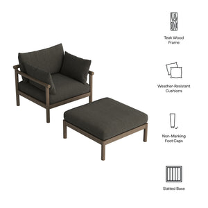 Modway Furniture Eleni Solid Teak Outdoor Armchair and Ottoman Set with Slatted Coastal Design Gray EEI-7658-WGR-FLI