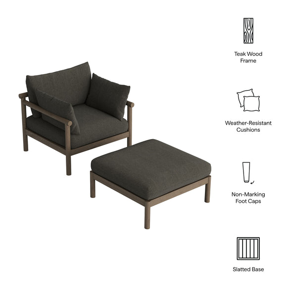 Modway Furniture Eleni Solid Teak Outdoor Armchair and Ottoman Set with Slatted Coastal Design Gray EEI-7658-WGR-FLI