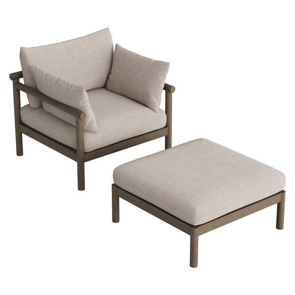 Modway Furniture Eleni Solid Teak Outdoor Armchair and Ottoman Set with Slatted Coastal Design Brown EEI-7658-WGR-PEB