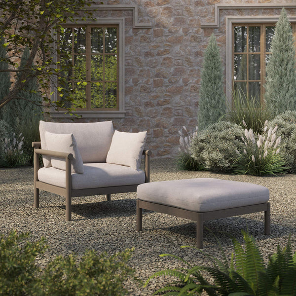 Modway Furniture Eleni Solid Teak Outdoor Armchair and Ottoman Set with Slatted Coastal Design Brown EEI-7658-WGR-PEB