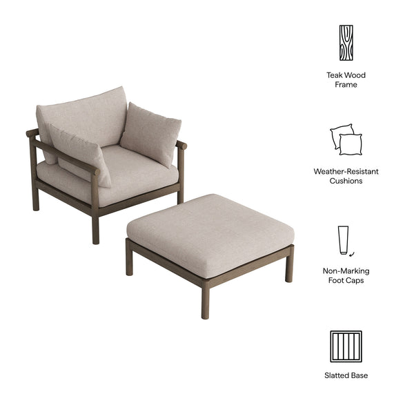 Modway Furniture Eleni Solid Teak Outdoor Armchair and Ottoman Set with Slatted Coastal Design Brown EEI-7658-WGR-PEB