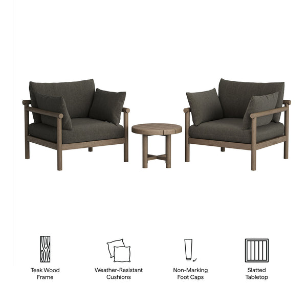 Modway Furniture Eleni Modway Solid Teak Outdoor Lounge Set with Cushions for Patio or Deck Gray EEI-7659-WGR-FLI