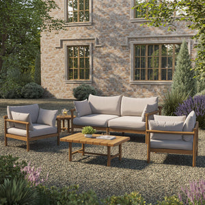 Modway Furniture Eleni Modway Solid Teak Outdoor Patio Set with Loveseat Armchairs and Coffee Table White EEI-7660-NAT-SAI