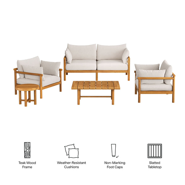 Modway Furniture Eleni Modway Solid Teak Outdoor Patio Set with Loveseat Armchairs and Coffee Table White EEI-7660-NAT-SAI