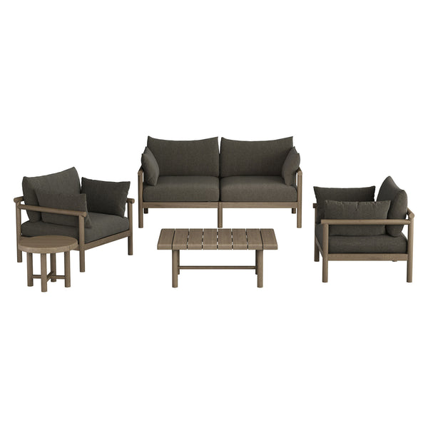 Modway Furniture Eleni Modway Solid Teak Outdoor Patio Set with Loveseat Armchairs and Coffee Table Gray EEI-7660-WGR-FLI