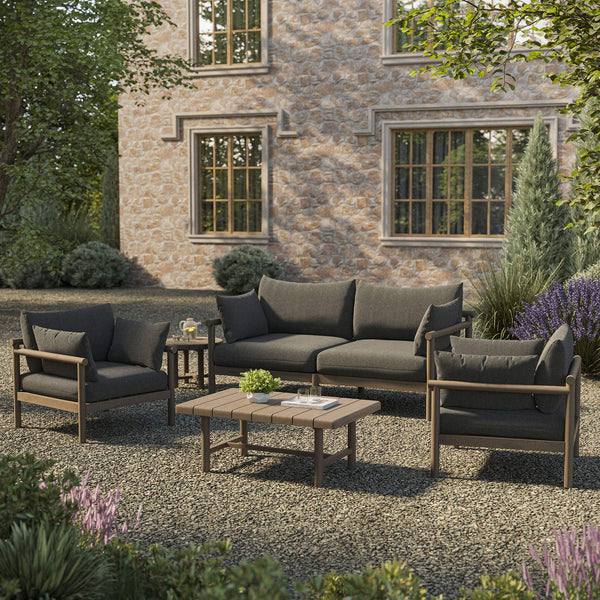 Modway Furniture Eleni Modway Solid Teak Outdoor Patio Set with Loveseat Armchairs and Coffee Table Gray EEI-7660-WGR-FLI