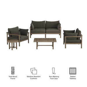 Modway Furniture Eleni Modway Solid Teak Outdoor Patio Set with Loveseat Armchairs and Coffee Table Gray EEI-7660-WGR-FLI
