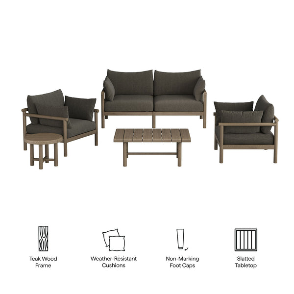 Modway Furniture Eleni Modway Solid Teak Outdoor Patio Set with Loveseat Armchairs and Coffee Table Gray EEI-7660-WGR-FLI