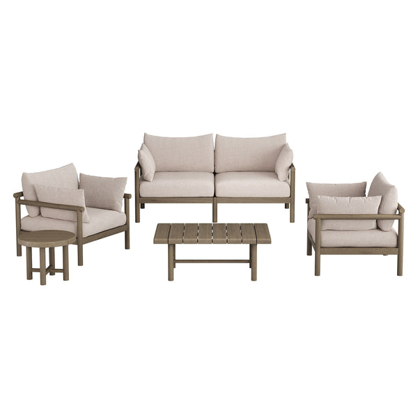 Modway Furniture Eleni Modway Solid Teak Outdoor Patio Set with Loveseat Armchairs and Coffee Table Brown EEI-7660-WGR-PEB