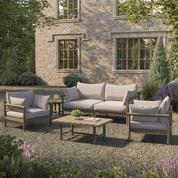 Modway Furniture Eleni Modway Solid Teak Outdoor Patio Set with Loveseat Armchairs and Coffee Table Brown EEI-7660-WGR-PEB
